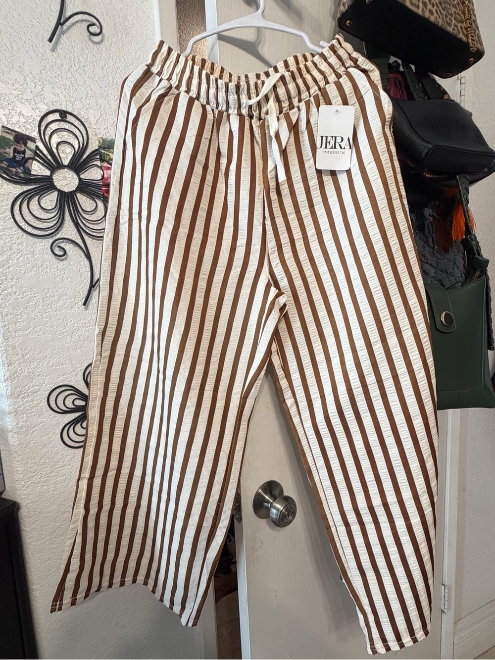 Brown and White Striped Kids Pull-On Pants
